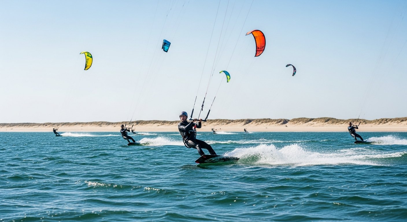 Overzicht van meerdere kitesurfers op het water bij een Zeeuws strand, kleurrijke kites in de lucht
