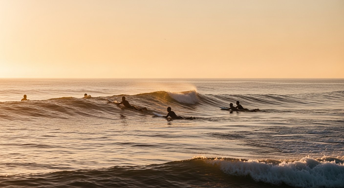 Overzichtsfoto van de Noordzee in de zomer met kleine tot middelgrote golven en surfers in wetsuits in het water
