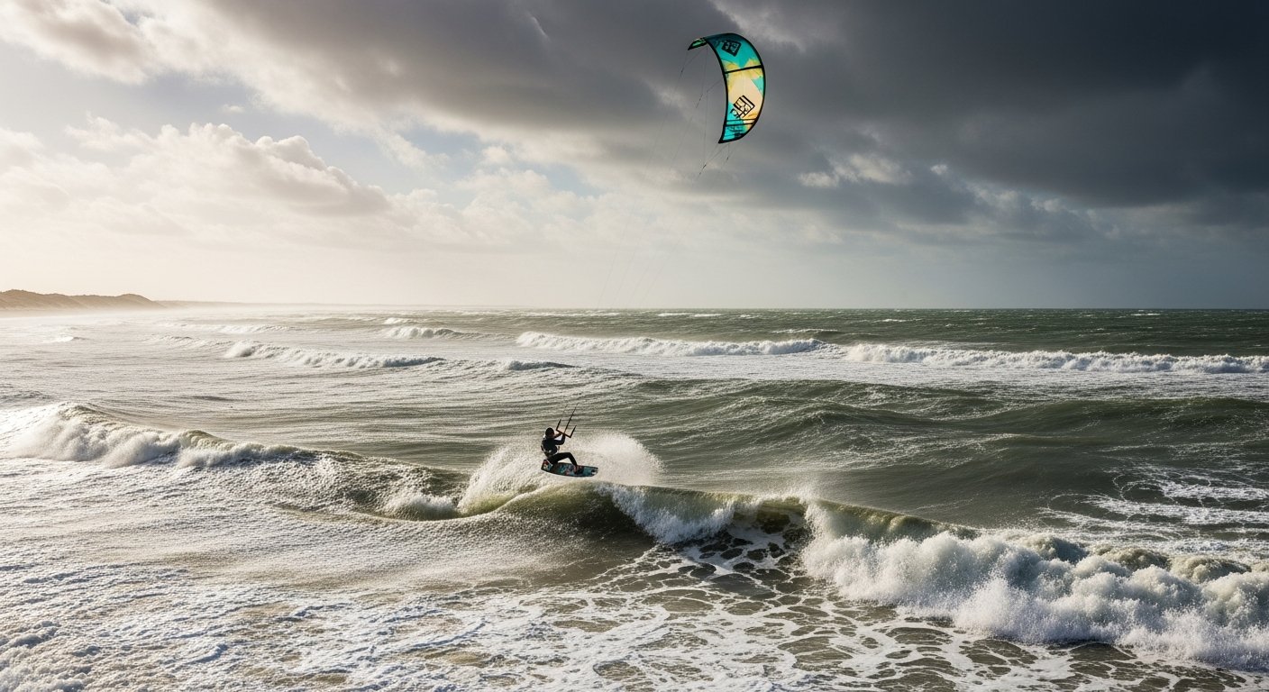 Kitesurfer in actie op de golven voor de kust van Domburg tijdens herfststorm