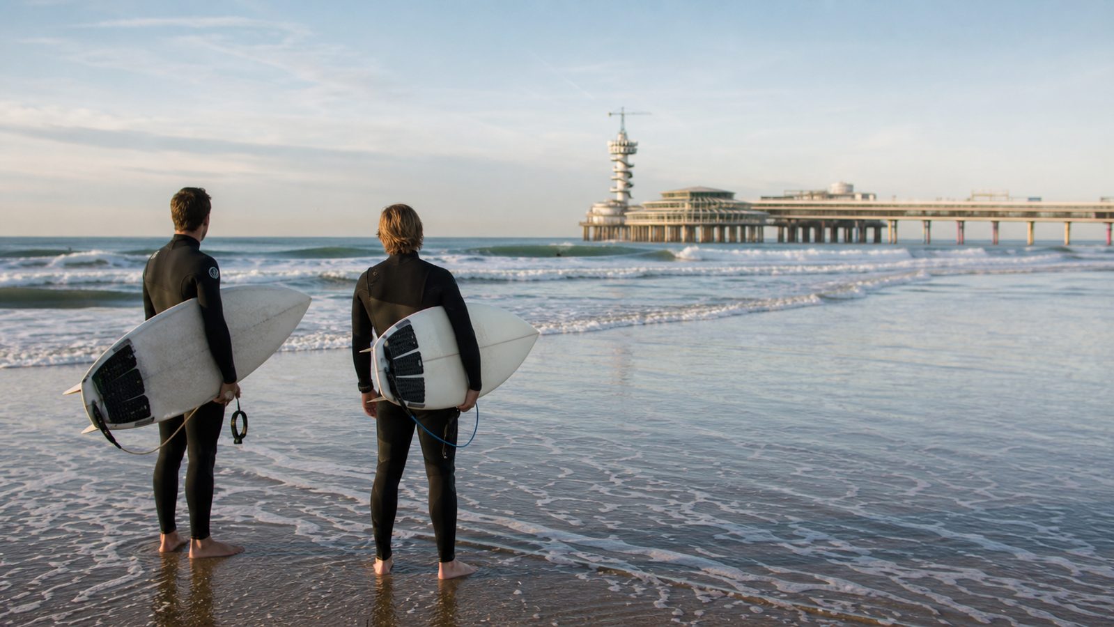 Surfers kijken naar de golven bij Scheveningen met de pier op de achtergrond