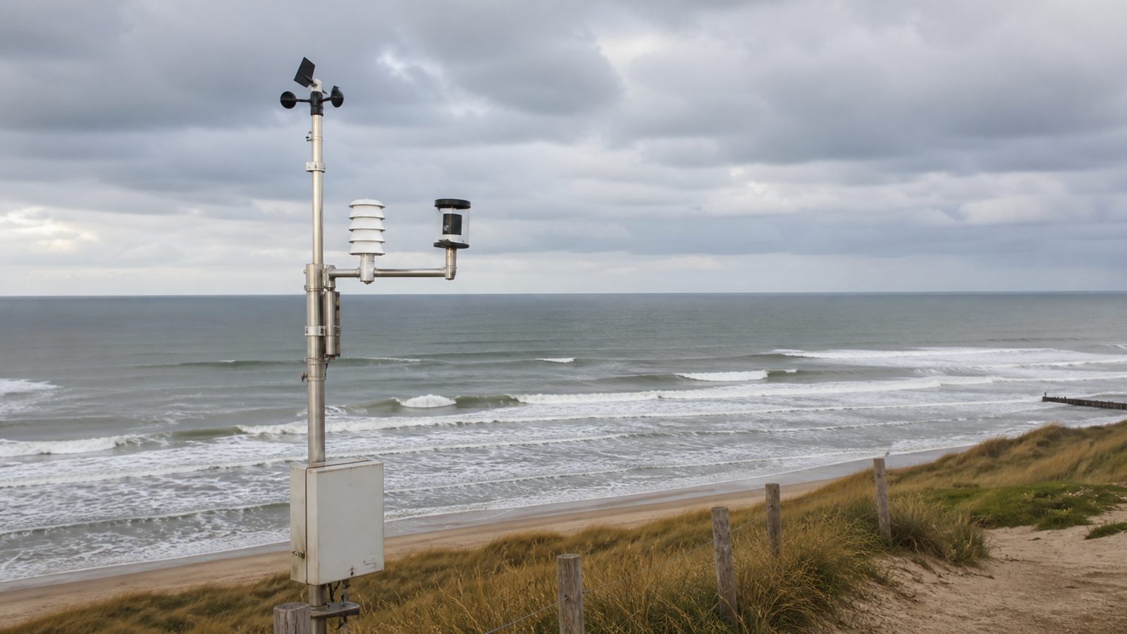 Meetapparatuur aan de Nederlandse kust met Noordzee golven op de achtergrond