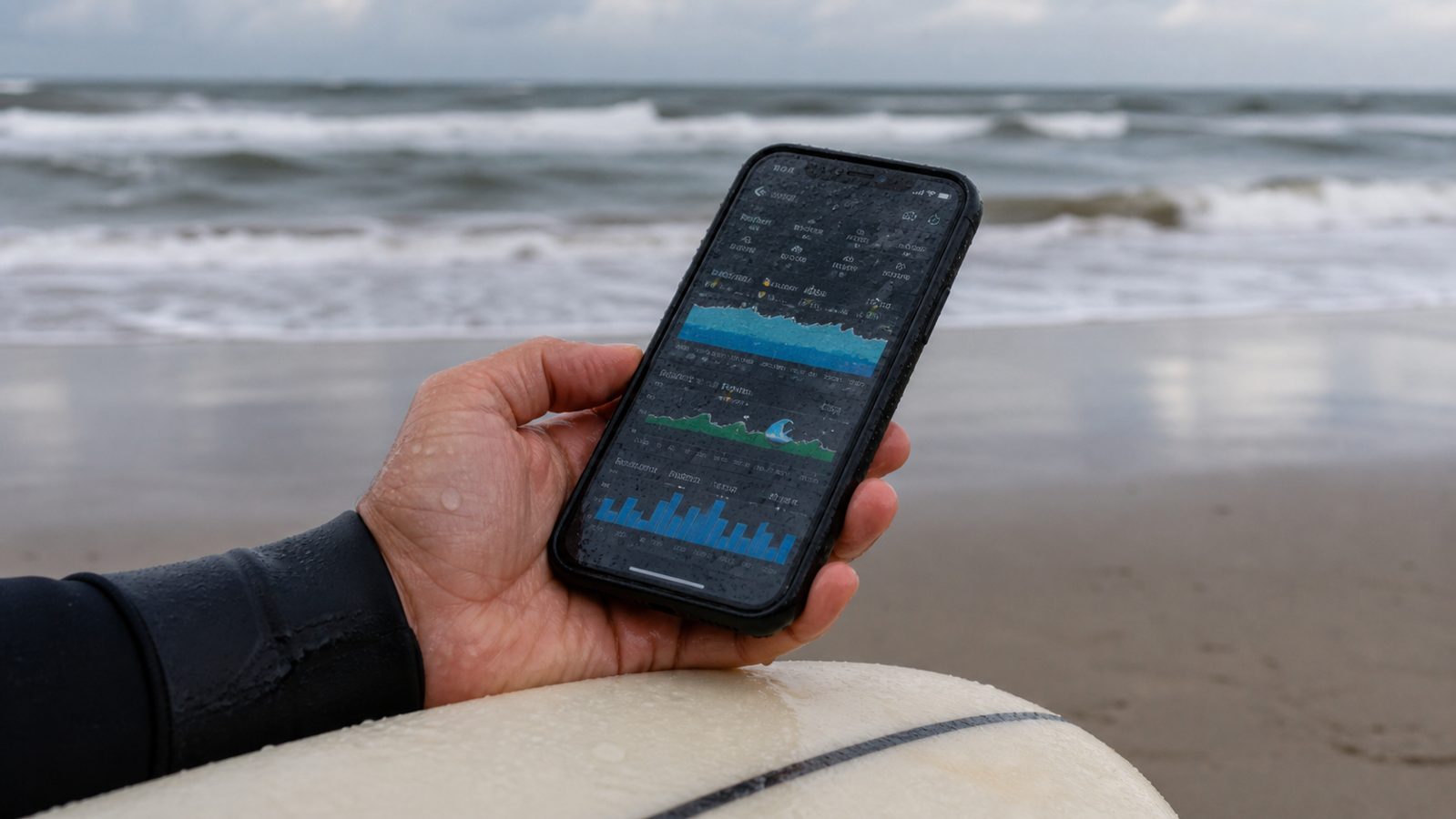 Surfer checkt de surf forecast op een telefoon bij de Nederlandse kust